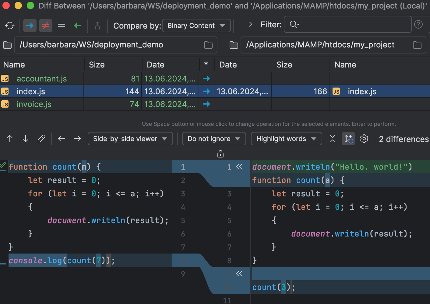Compare deployed files and folders with their local versions | WebStorm ...