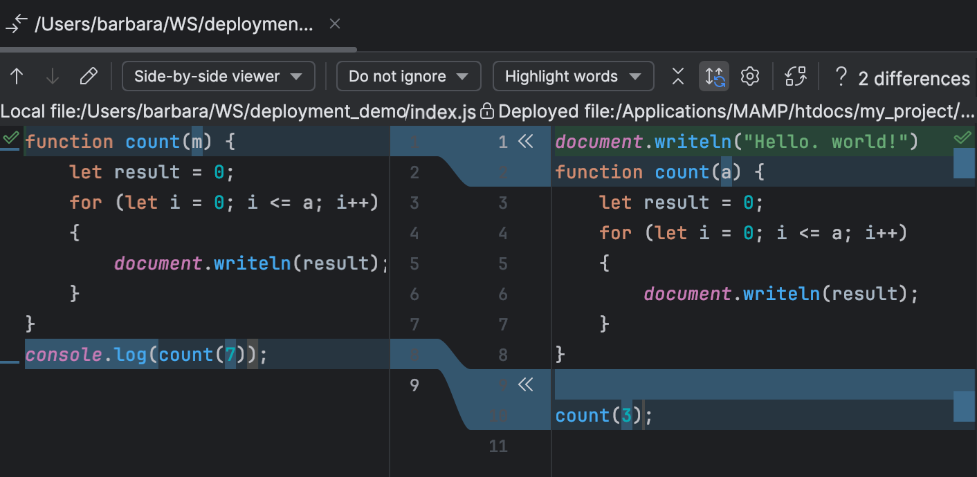 Compare deployed files and folders with their local versions | WebStorm ...