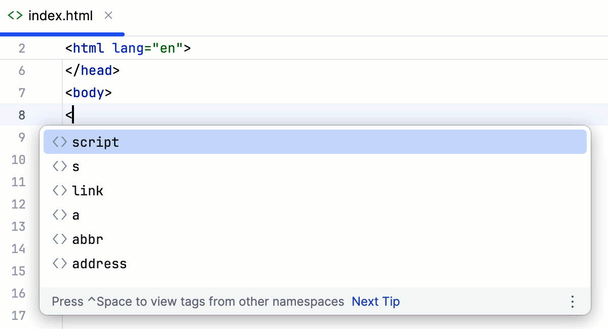 Completing HTML tags and attributes