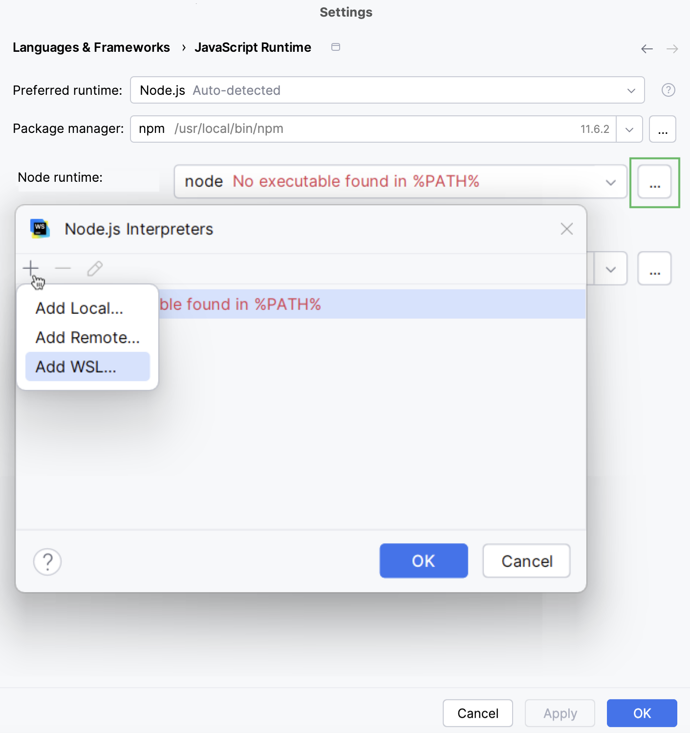 Configure WSL Node.js runtime: add WSL