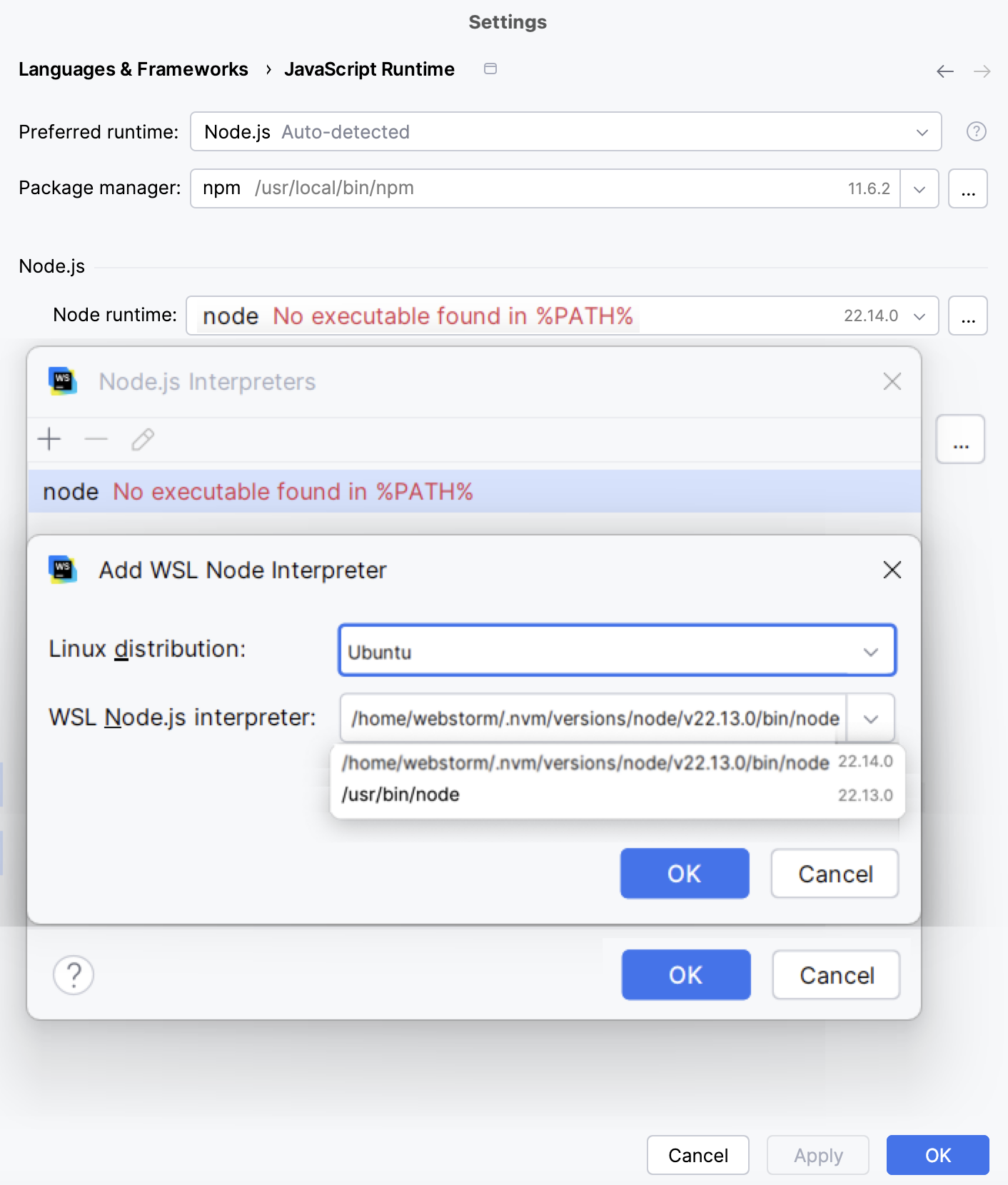Configuring Node.js on WSL as the default project Node.js runtime