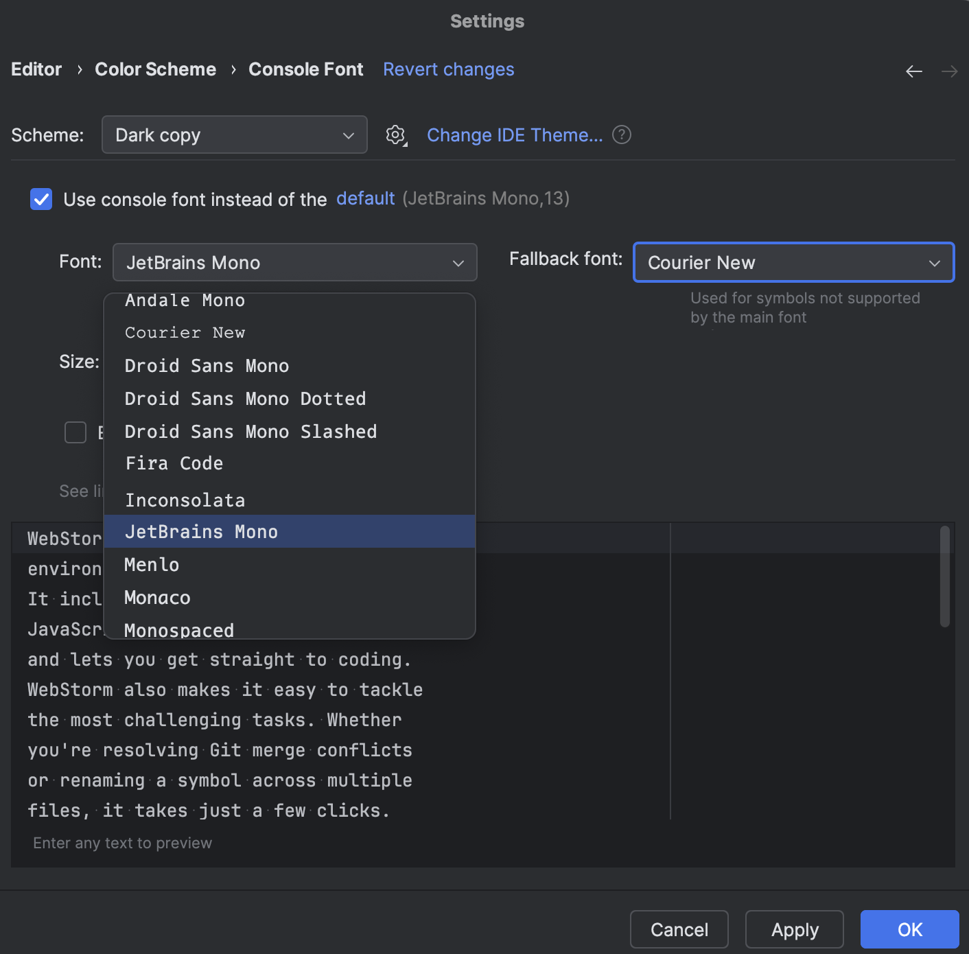 Color schemes: fonts and colors in consoles | WebStorm Documentation