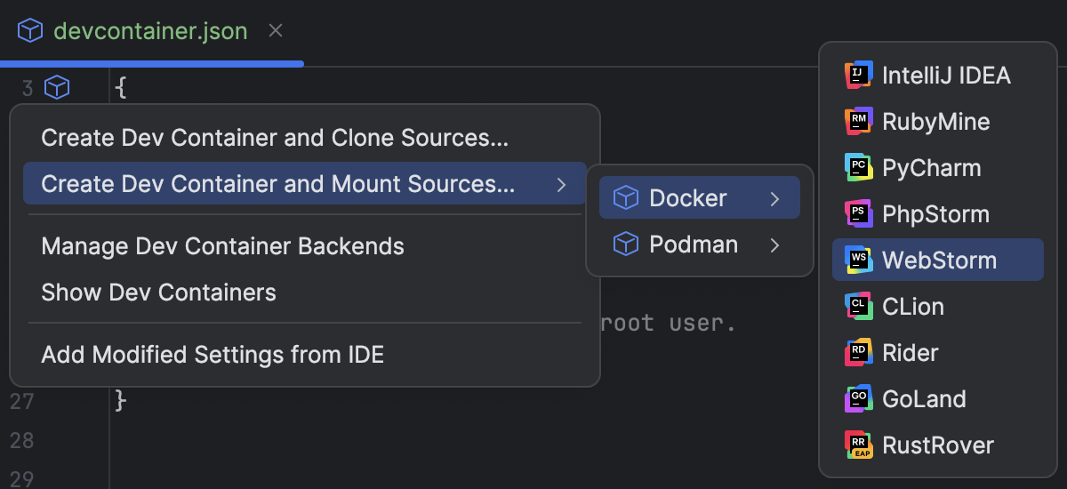 Start Dev Container inside IDE | WebStorm Documentation