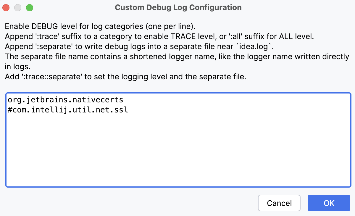Custom debug log configuration