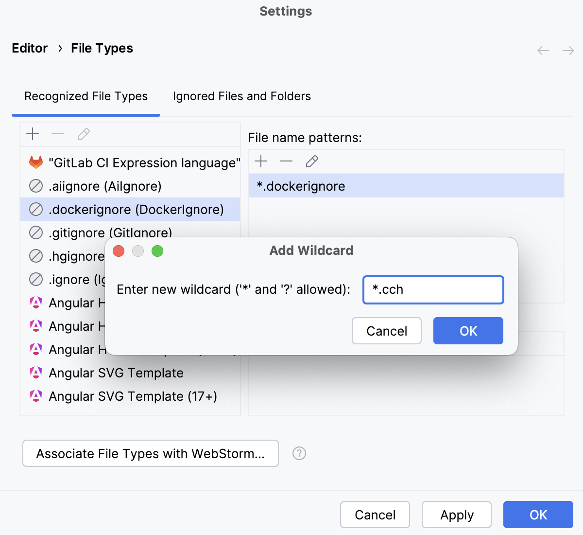 WebStorm: Change association between file type and related file name patterns