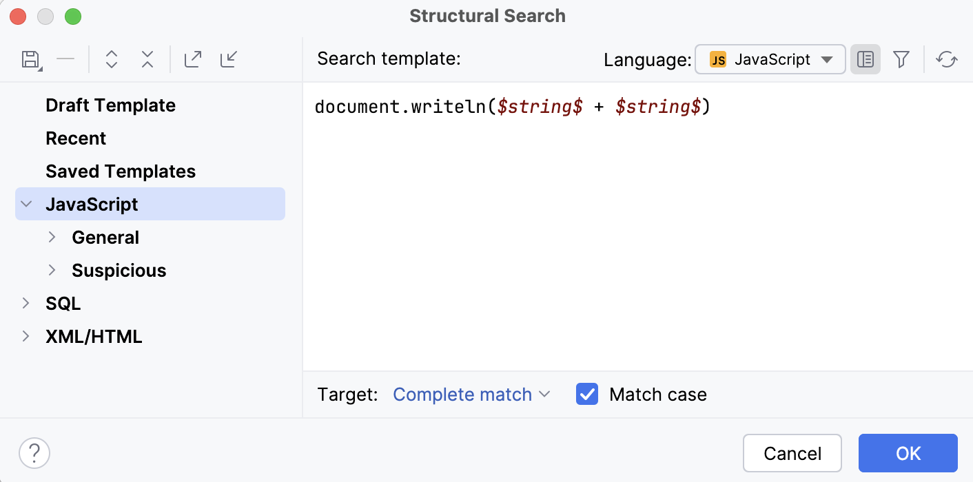 The Structural Replace dialog