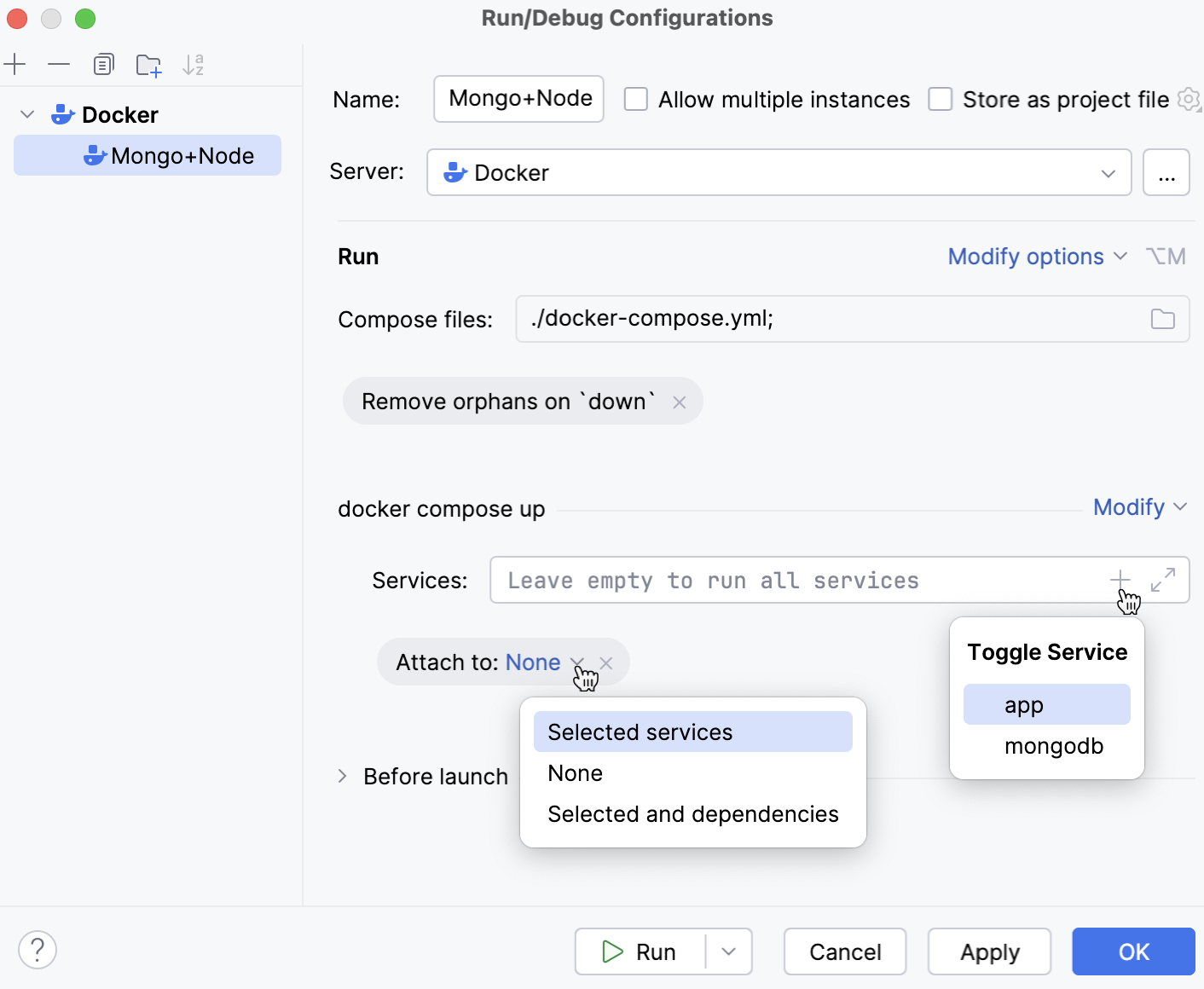 Docker compose run configuration dialog