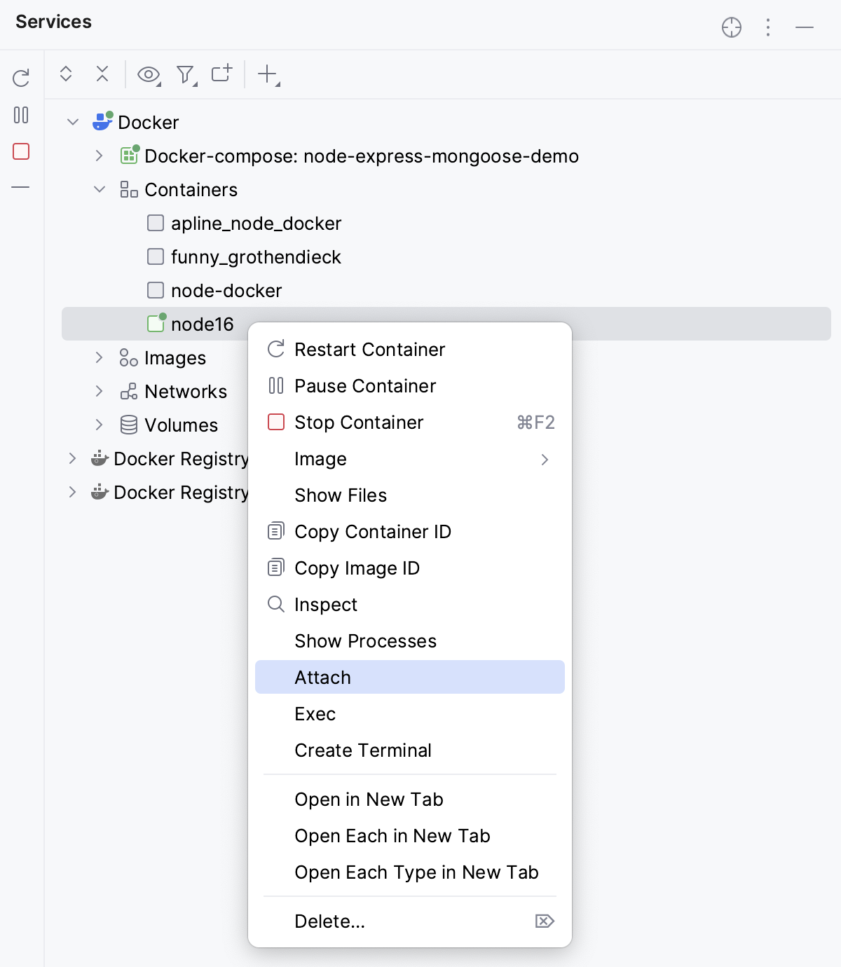 Attaching a console to a running container: context menu Attaching a console to a running container: context menu