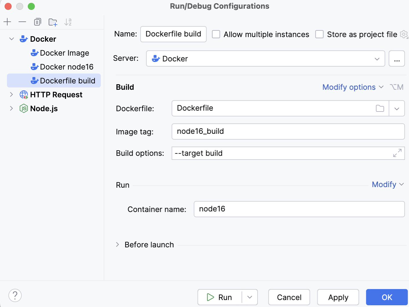 Dockerfile run configuration dialog Dockerfile run configuration dialog
