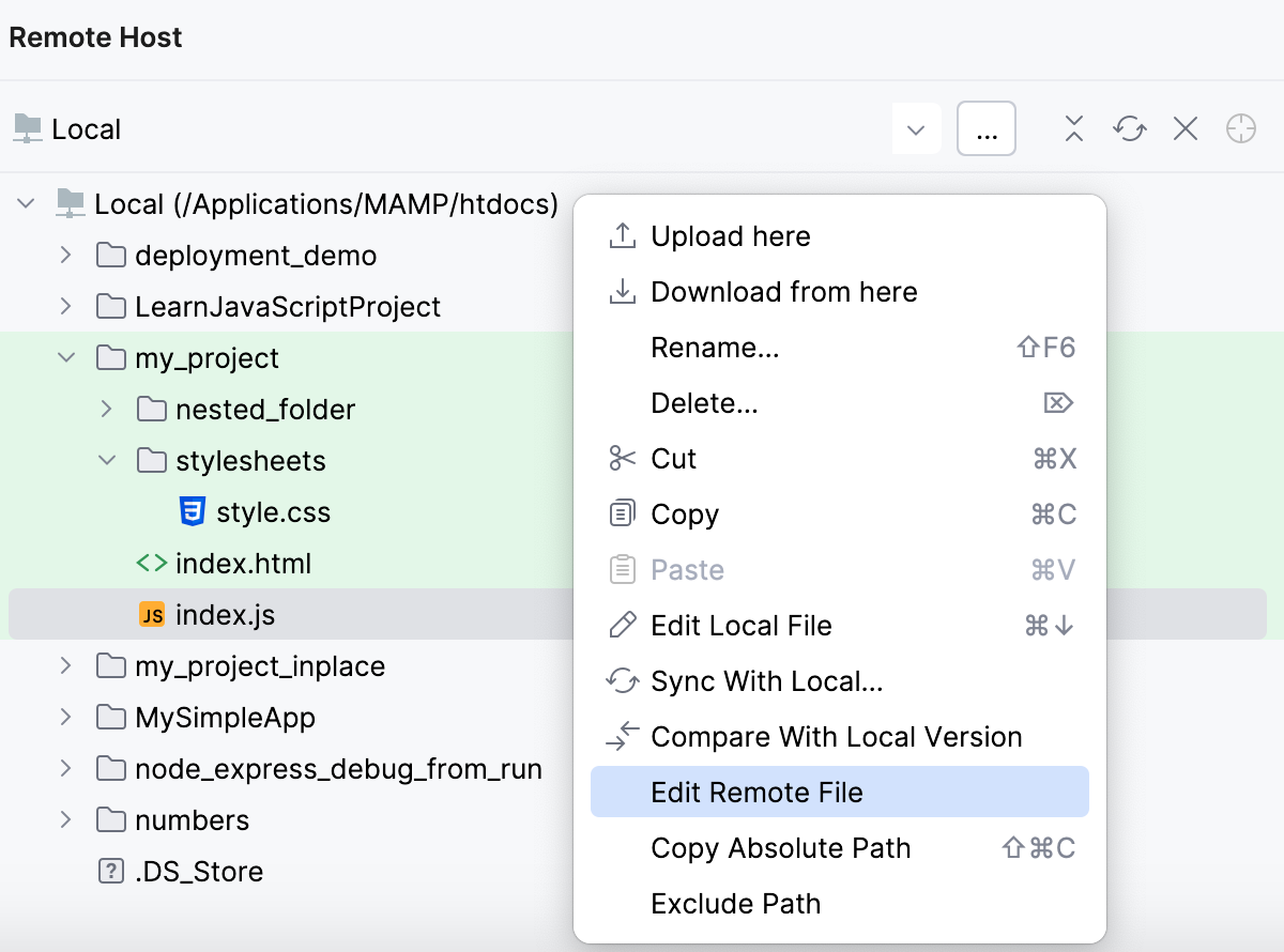 Edit file on remote host: context menu Edit file on remote host: context menu