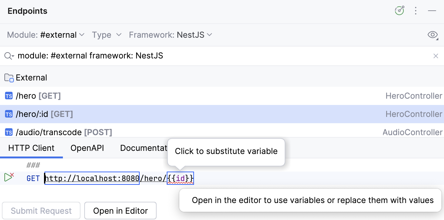 Endpoints tool window: HTTP Client tab