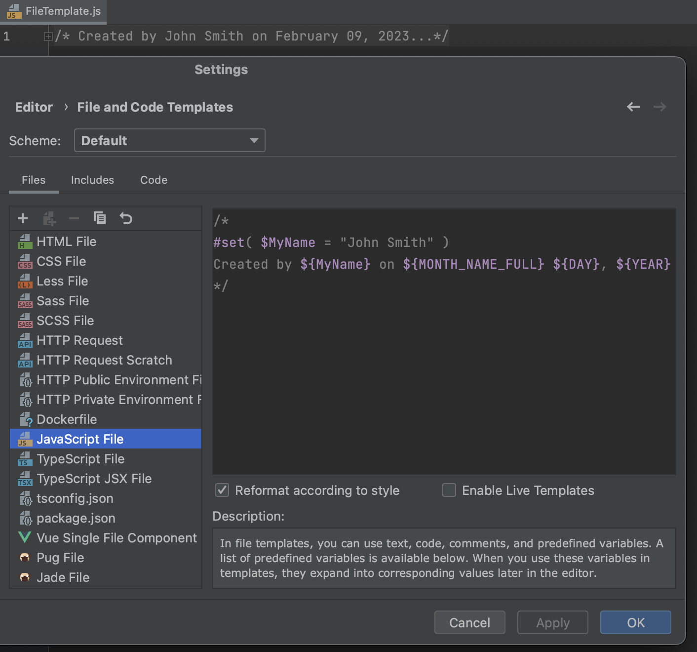File template variables | WebStorm Documentation