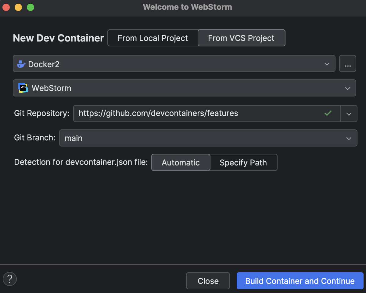 Start Dev Container from the IDE welcome screen | WebStorm Documentation