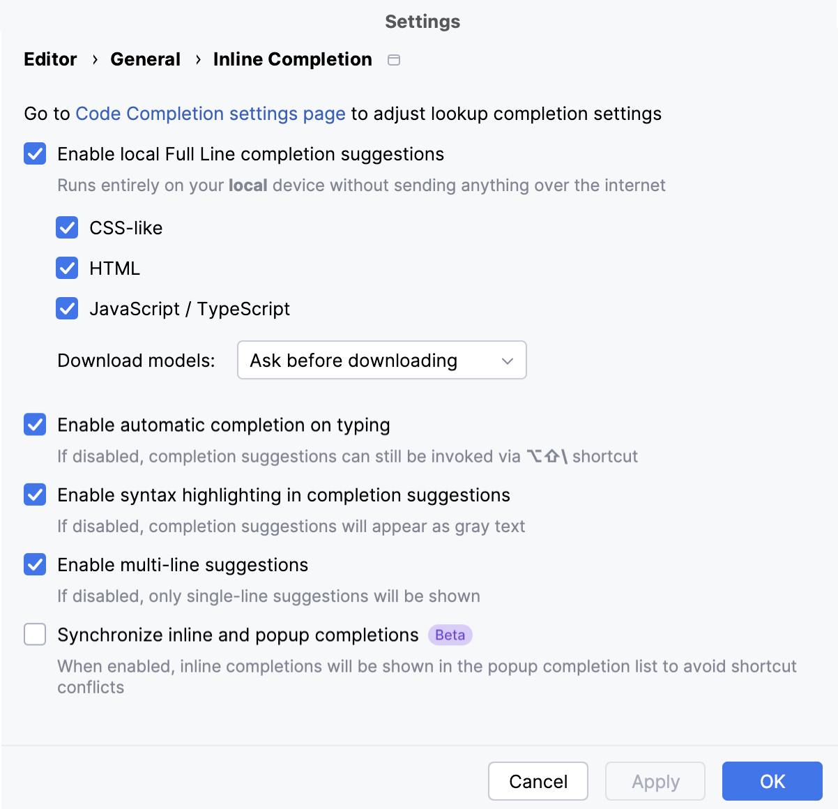 Enabling full line code completion Enabling full line code completion