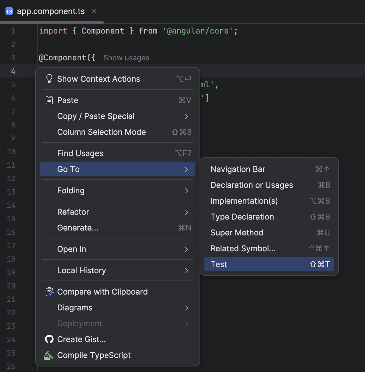 Navigate between test and test subject | WebStorm Documentation