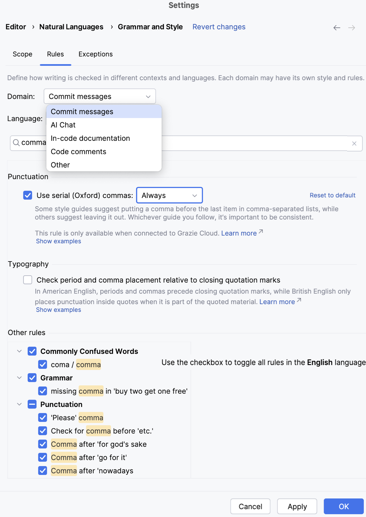 Configuring writing style per domain