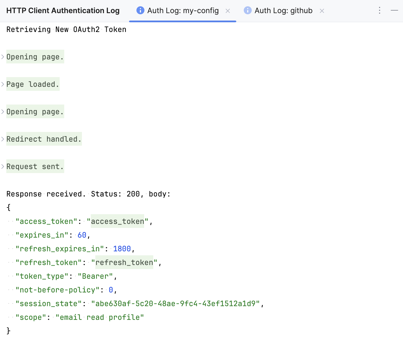 HTTP Client Authentication Log tool window