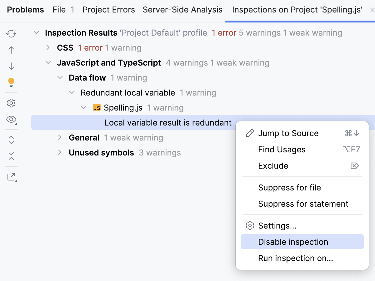 Disable inspections in the Problems tool window Disable inspections in the Problems tool window