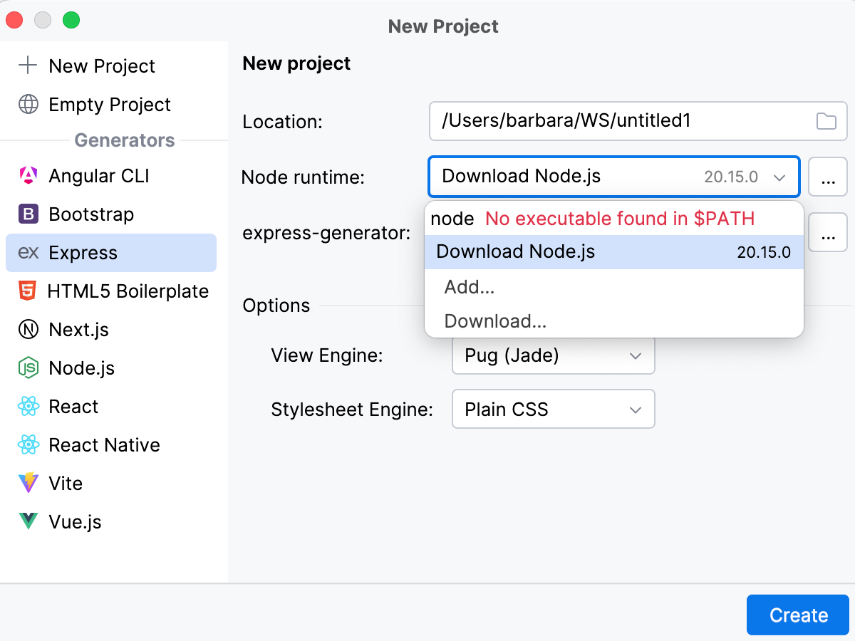 Installing Node.js during project creation in the Create Project dialog Installing Node.js during project creation in the Create Project dialog