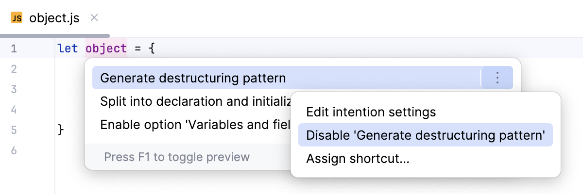 Disable an intention action on the fly from the context menu