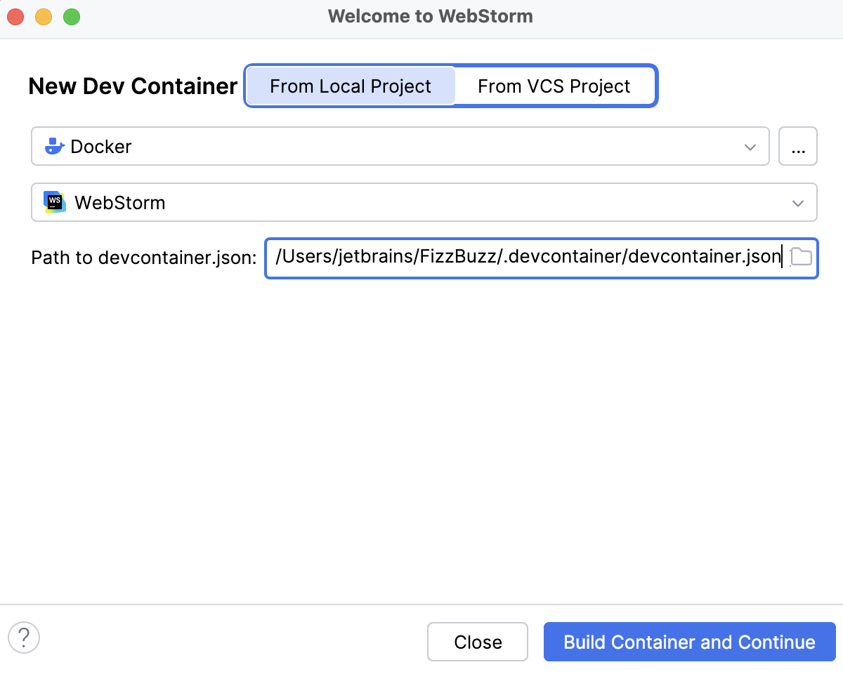 Local project Dev Container