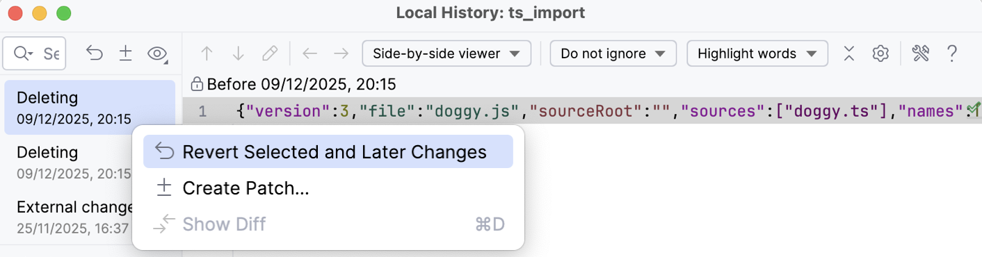 Restore file from Local History