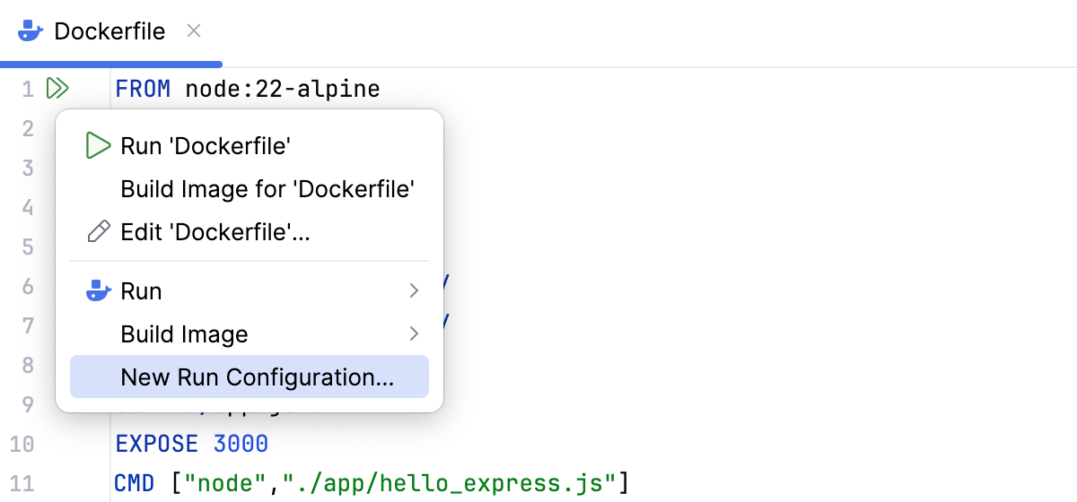 Create a new Dockerfile run/debug configuration from the editor