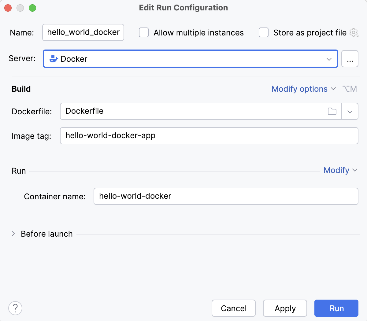 Run/debug configuration - image tag and container name specified