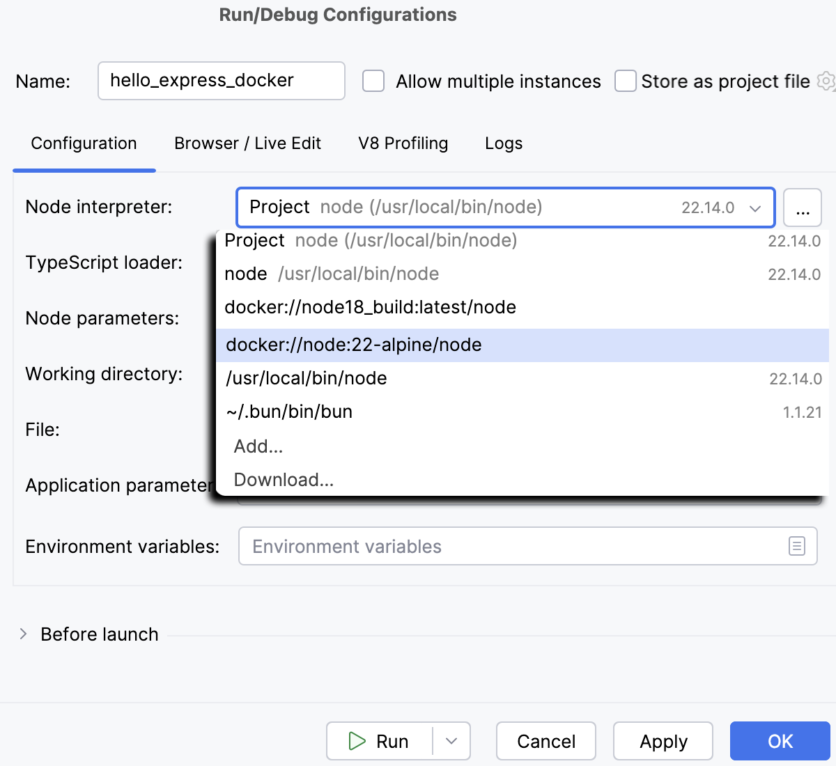 Node.js with Docker: run/debug configuration, select interpreter Node.js with Docker: run/debug configuration, select interpreter