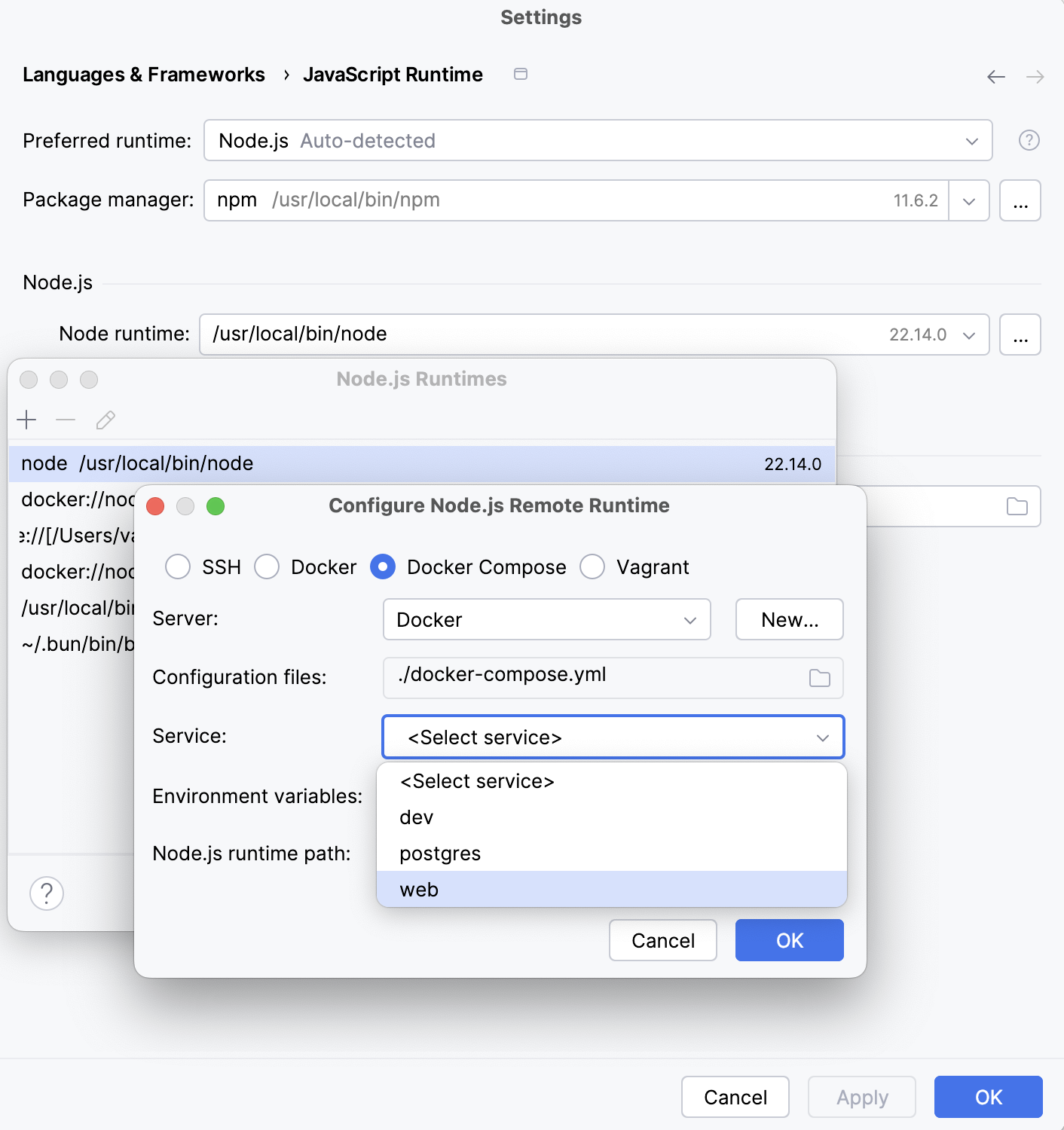 Configure Node.js runtime via Docker Compose: select service Configure Node.js runtime via Docker Compose: select service