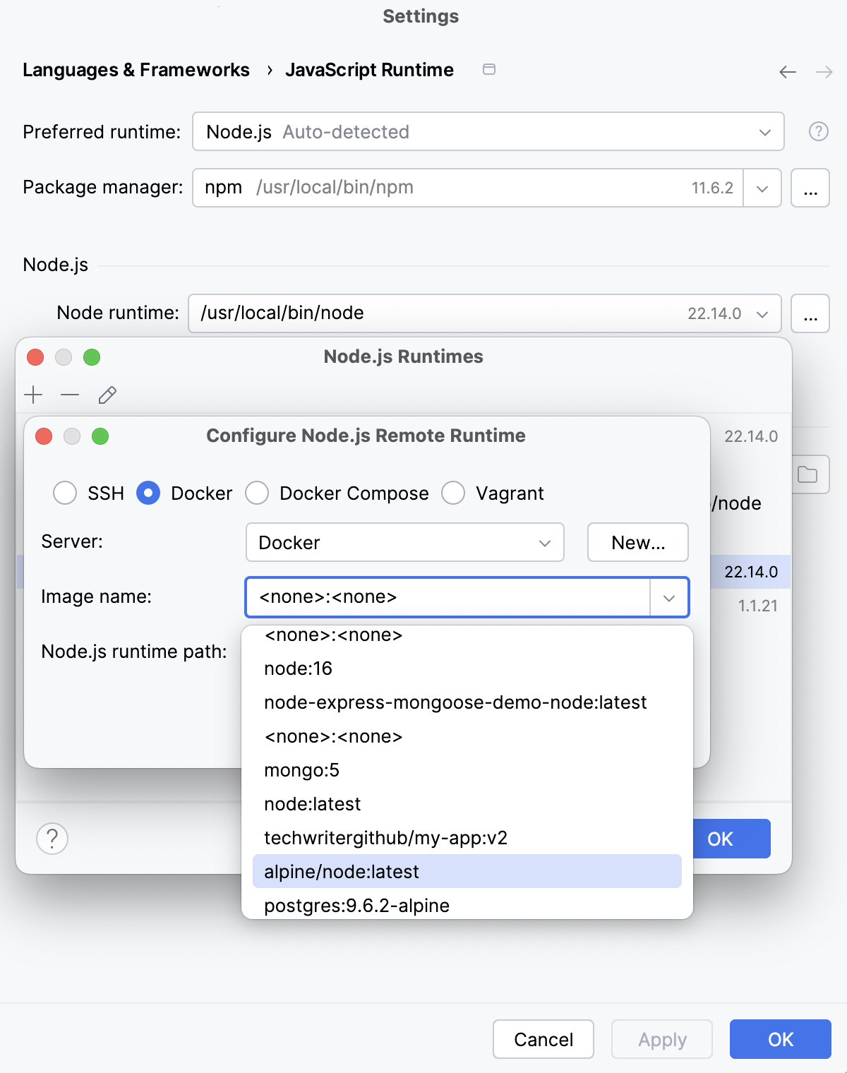 Configure Node.js runtime in a Docker container: select Docker image Configure Node.js runtime in a Docker container: select Docker image