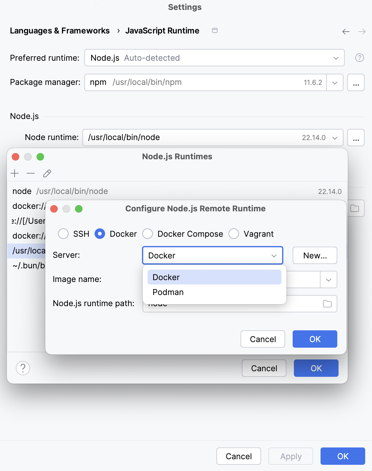Configure Node.js runtime in a Docker container: select Docker server Configure Node.js runtime in a Docker container: select Docker server