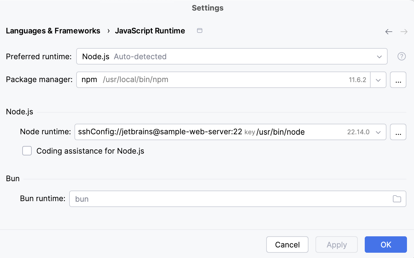 Configure Node.js runtime via SSH: set as default project interpreter Configure Node.js runtime via SSH: set as default project interpreter