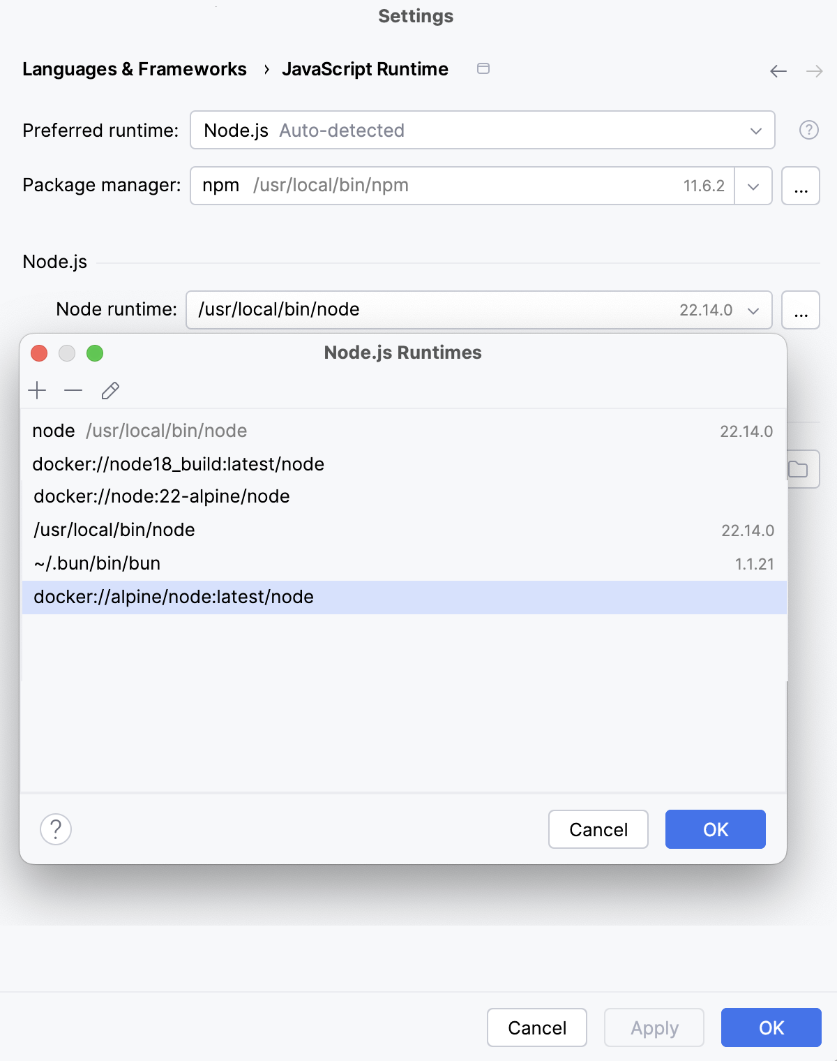 Remote runtimes dialog: the new Node.js runtime in Docker added to the list Remote runtimes dialog: the new Node.js runtime in Docker added to the list