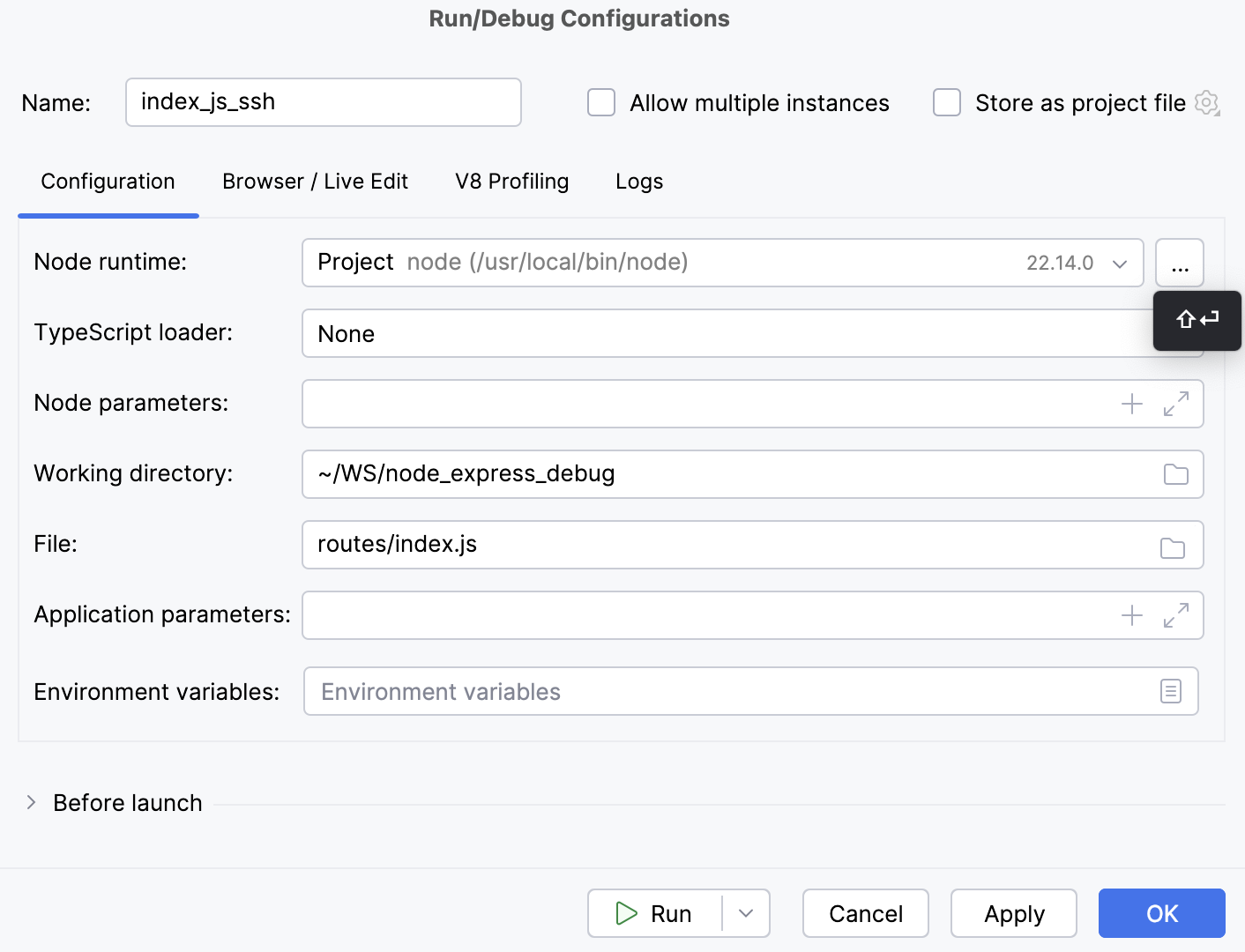 Node.js run/debug configuration: file specified Node.js run/debug configuration: file specified