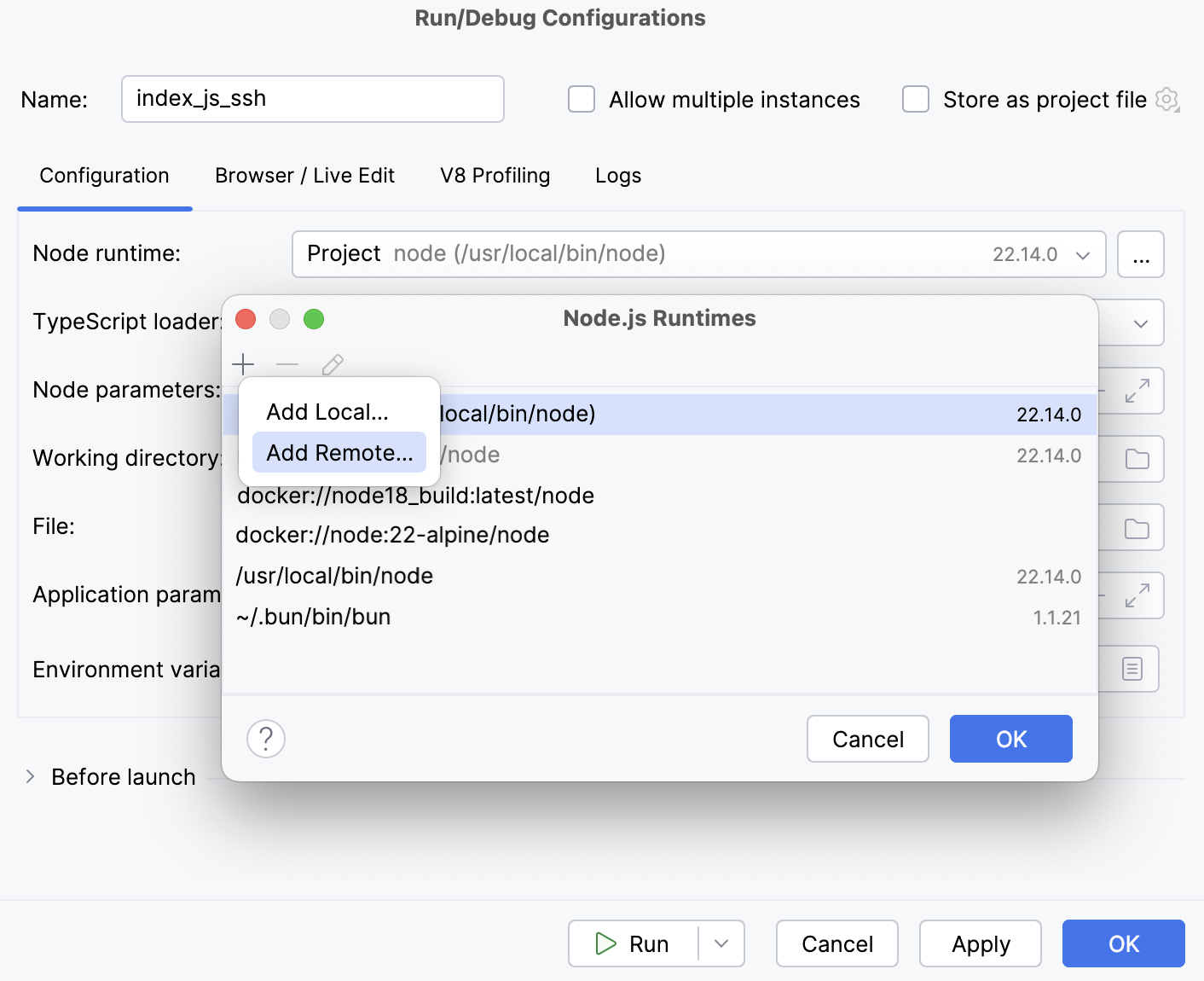Node.js via SSH: run/debug configuration, configure runtime, select Add Remote Node.js via SSH: run/debug configuration, configure runtime, select Add Remote