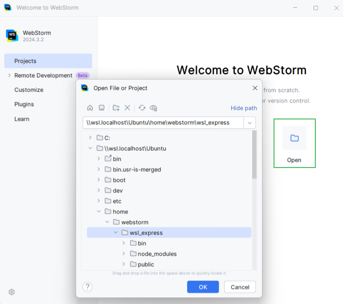 Opening a project stored in the WSL file system