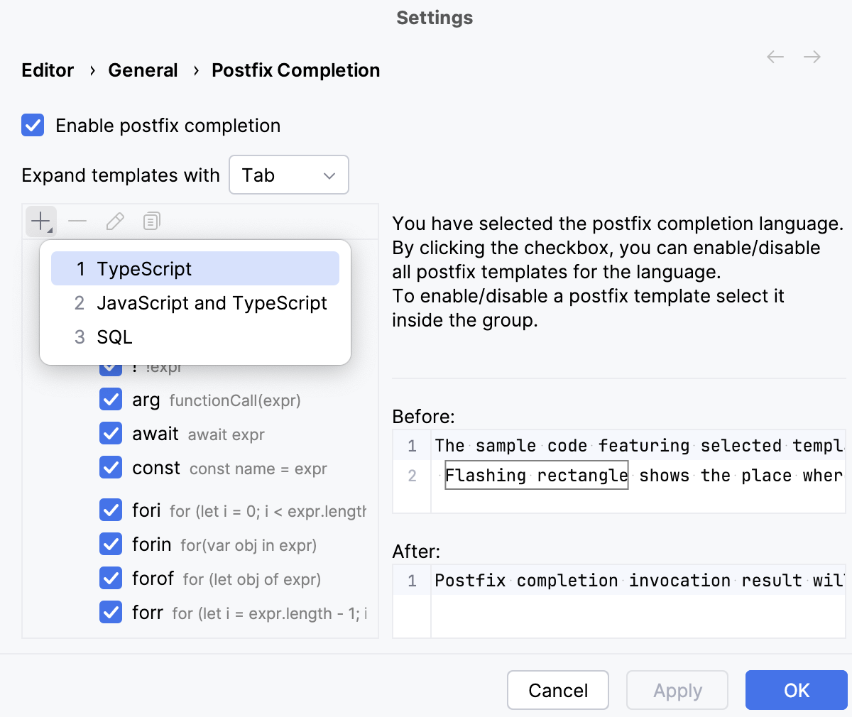 Create a custom postfix template: invoke dialog