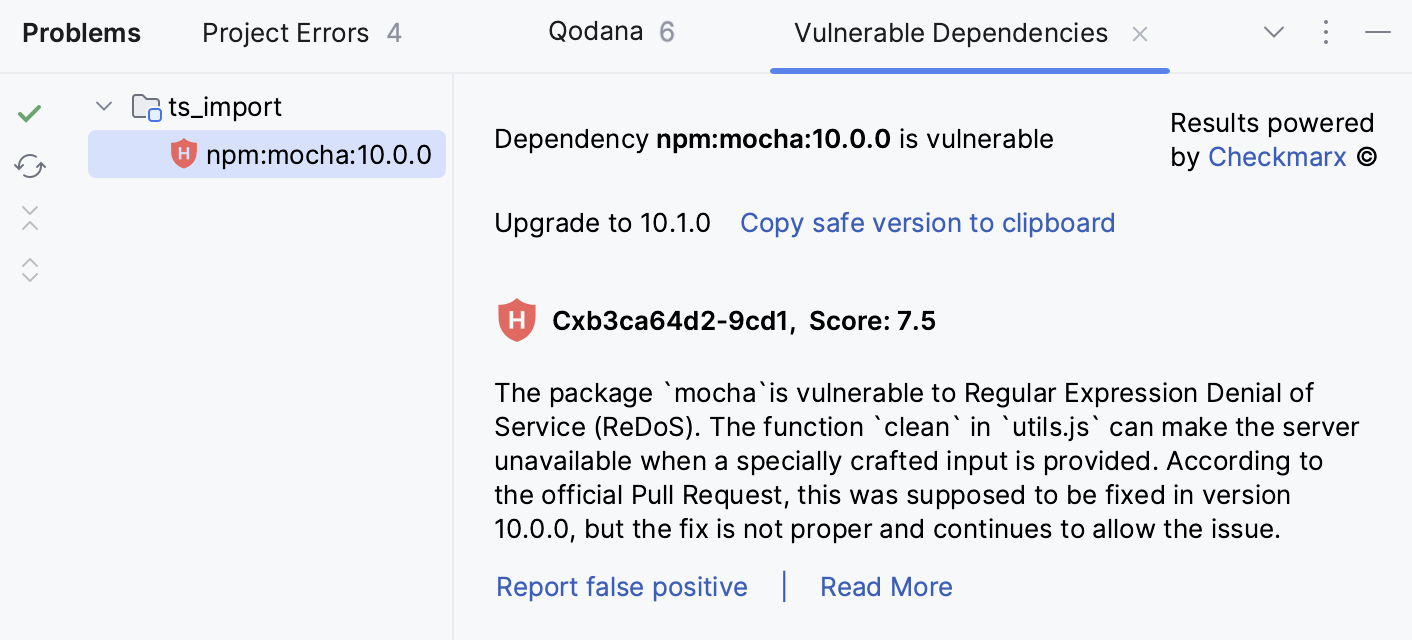 Problems tool window: Vulnerable Dependencies tab