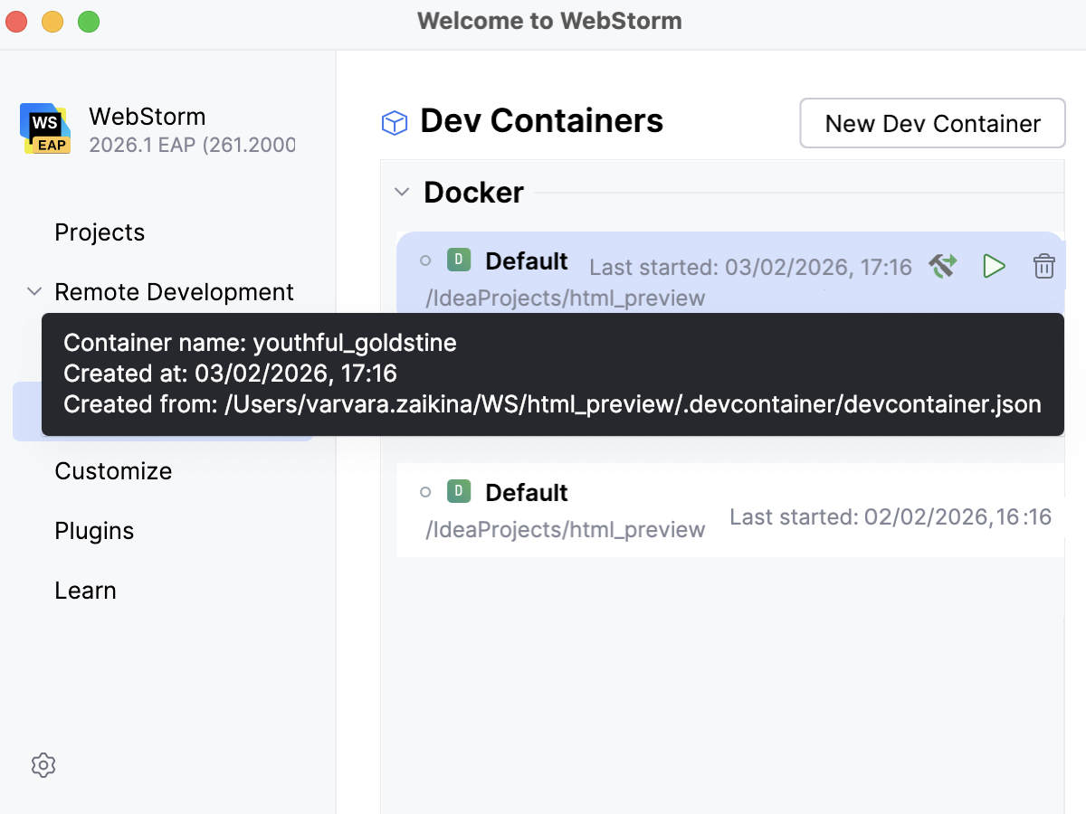 Recent Dev Containers