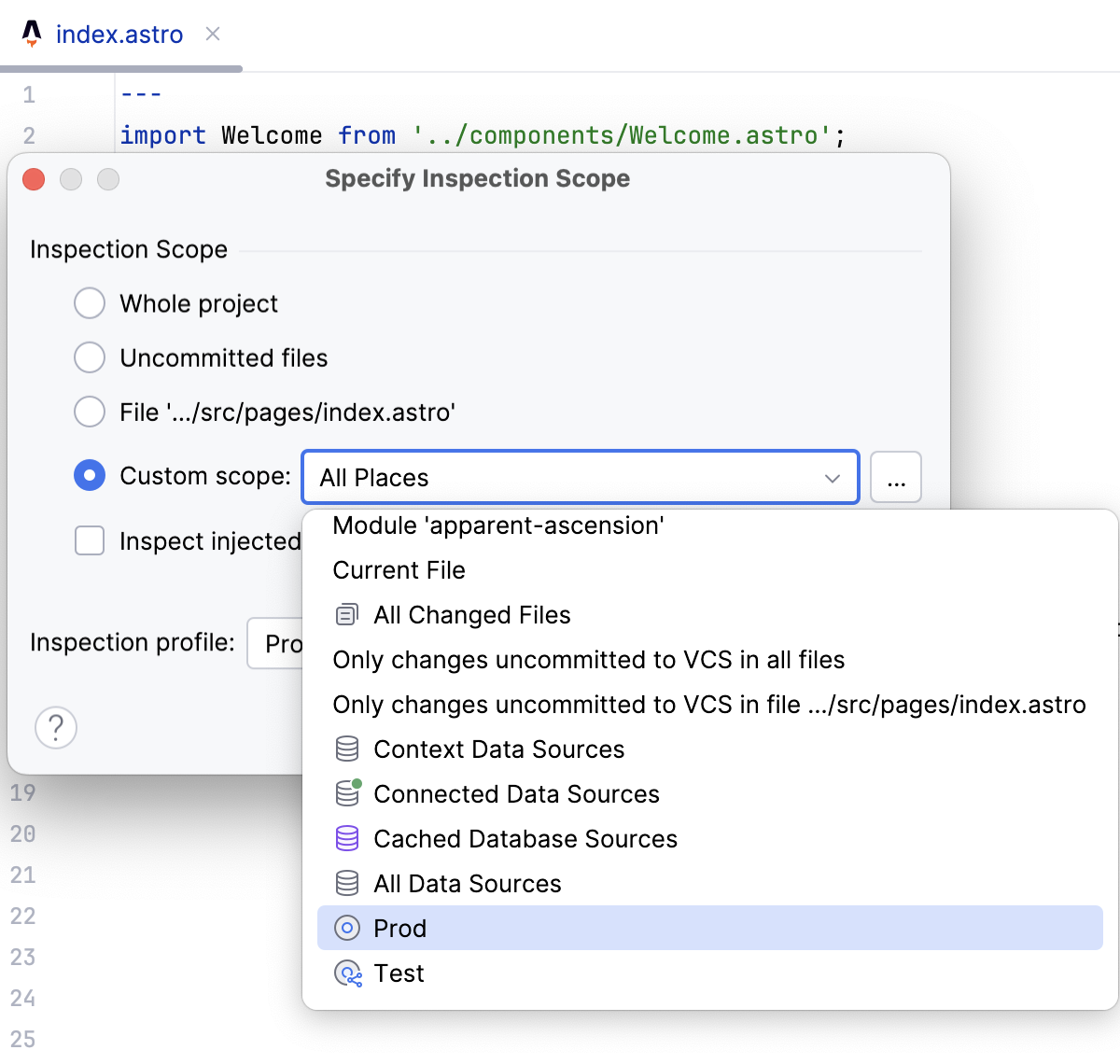 Select custom inspection scope