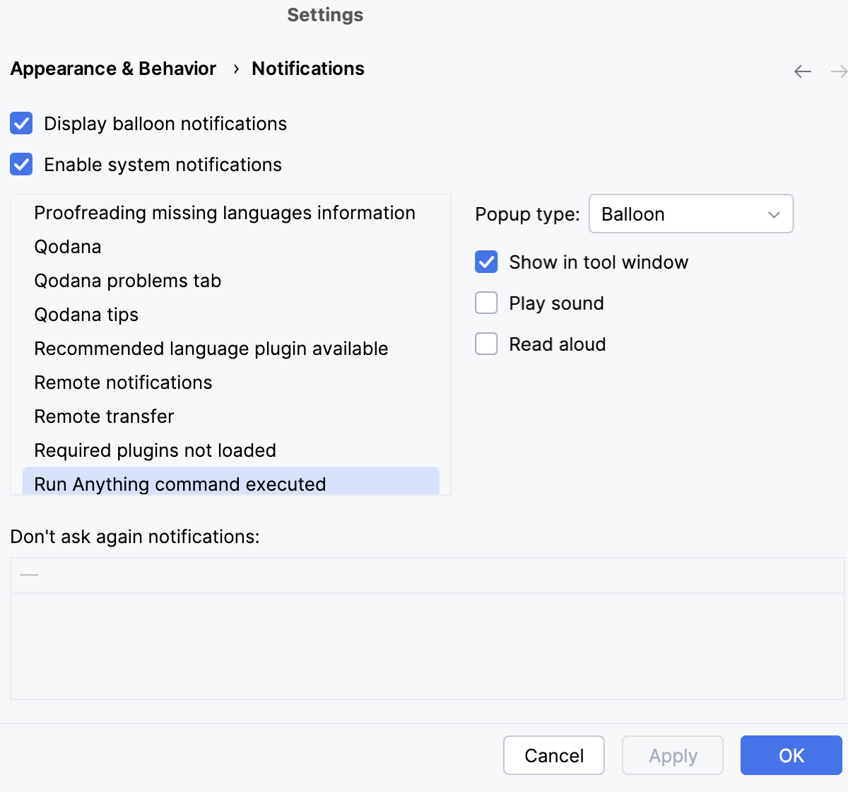 System notifications options System notifications options