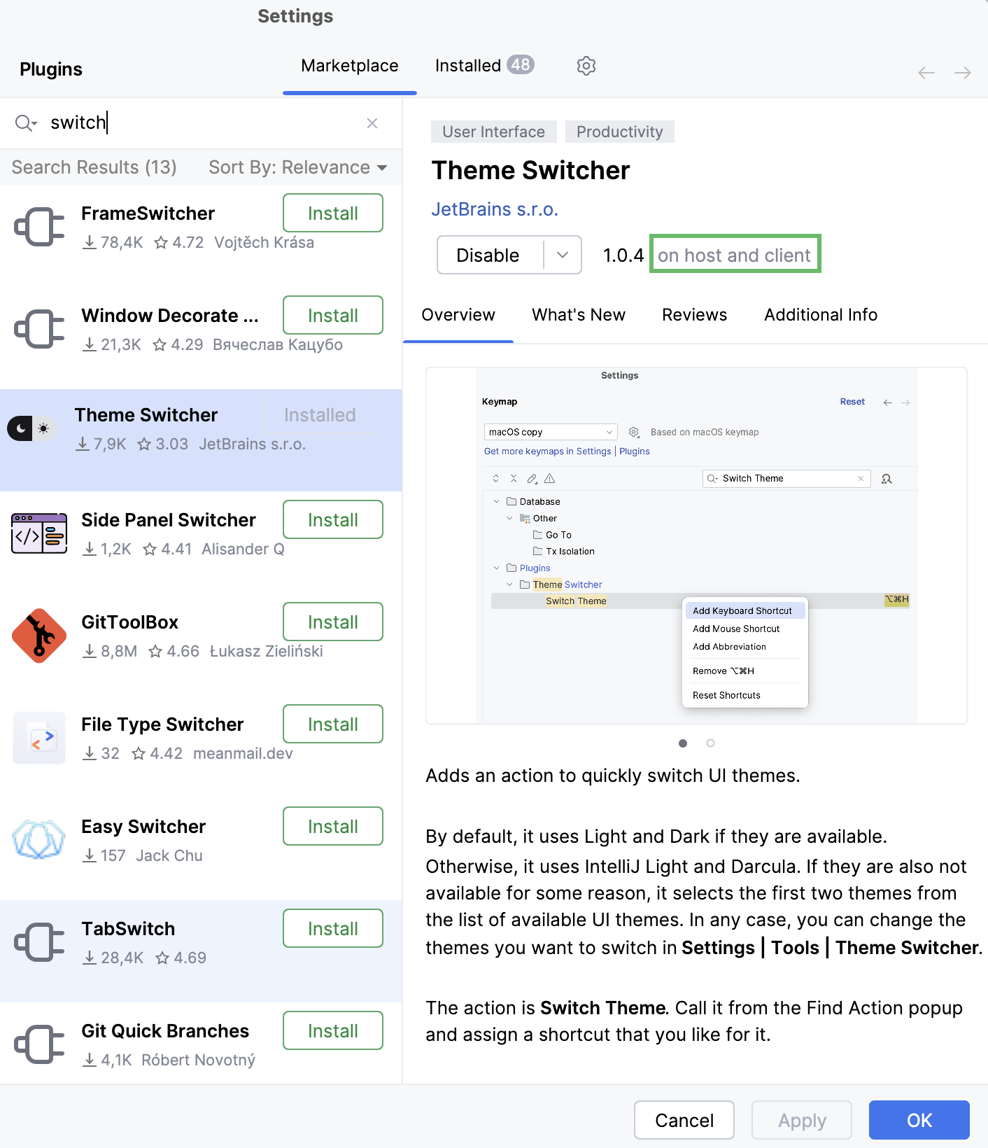 The Plugins settings dialog