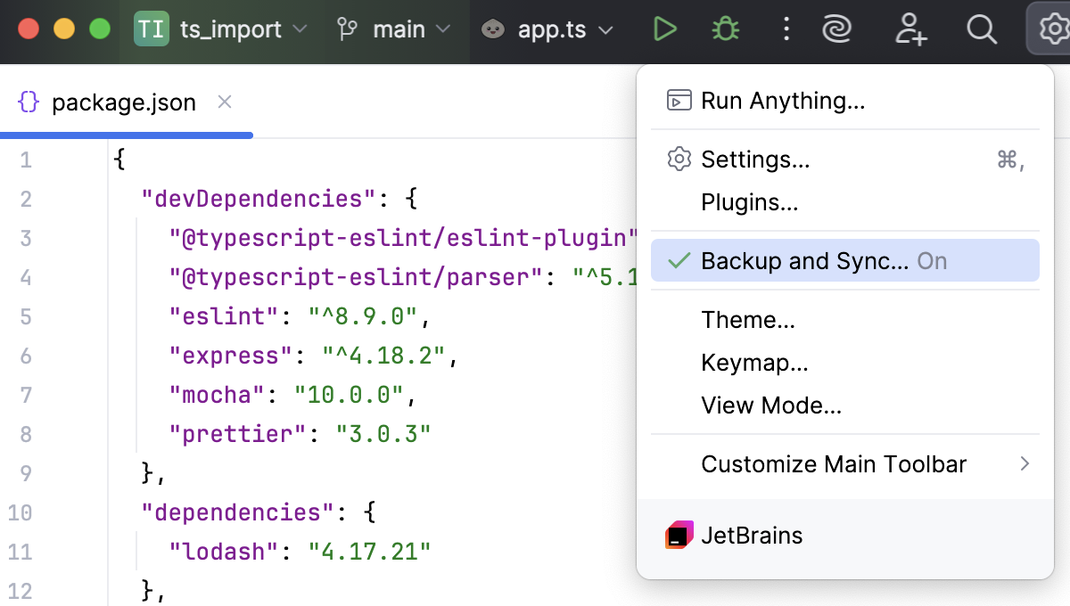 IDE and Project settings menu IDE and Project settings menu