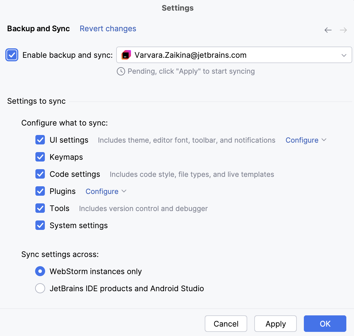 Settings Sync dialog Settings Sync dialog