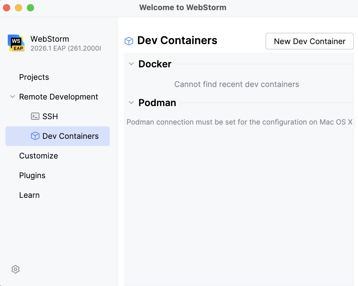 Start creating a Dev Container from the Welcome screen