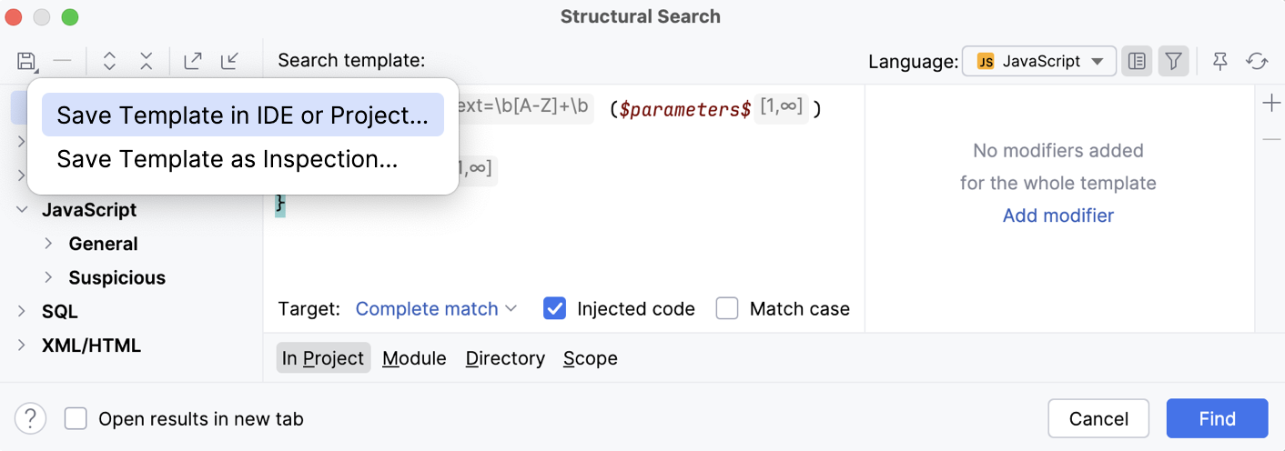 Structural Search dialog: save template