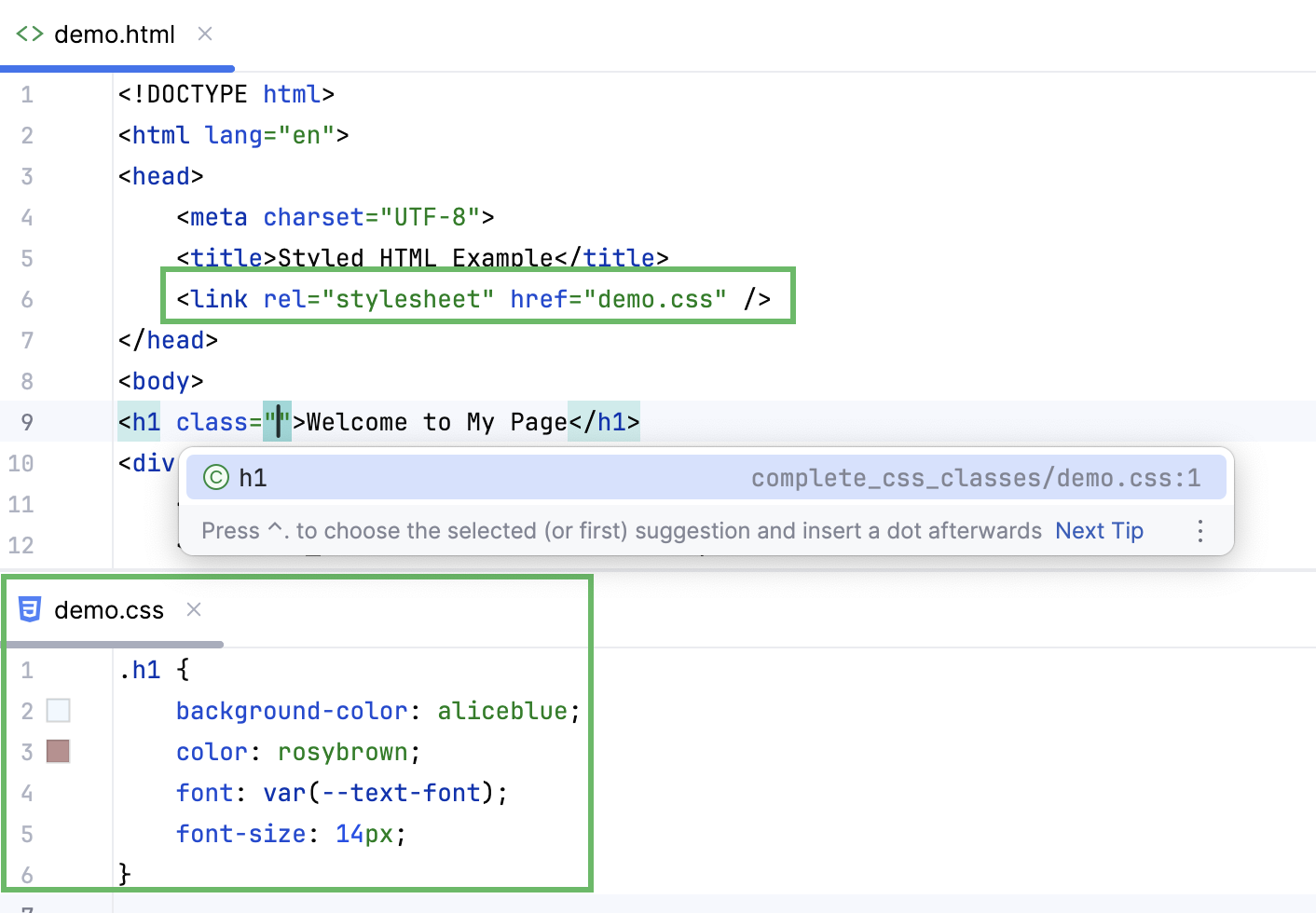 Completion for a class defined in a linked CSS file