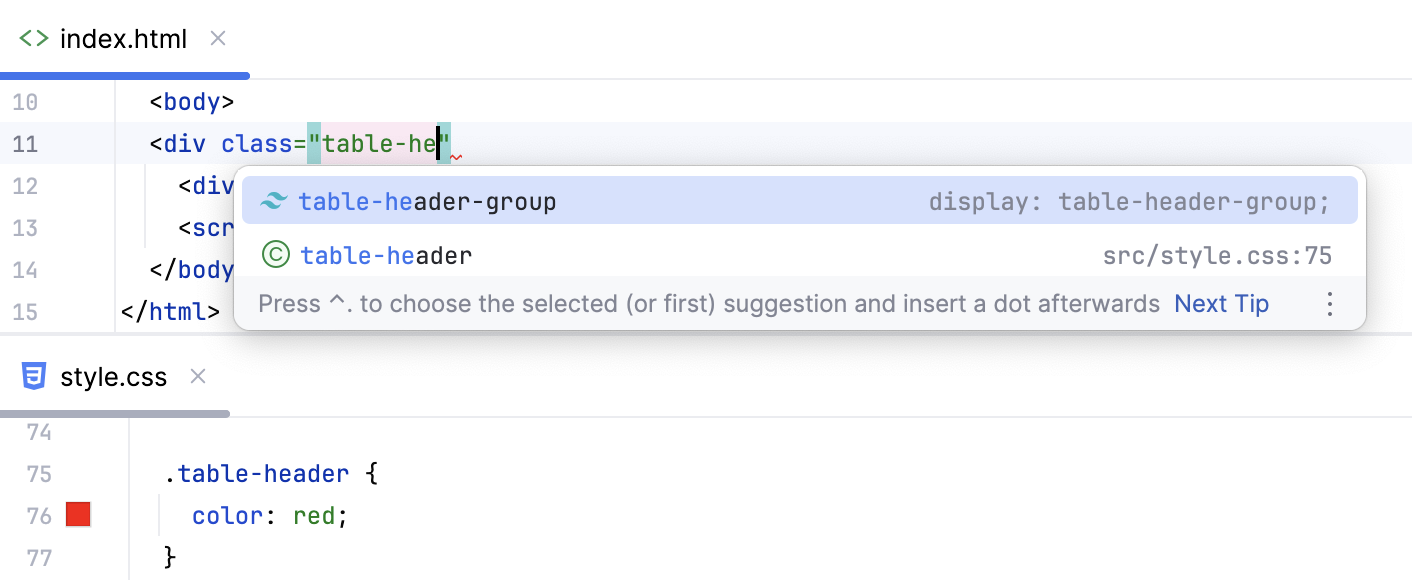 Completion list — suggestions from the server and from the project Completion list — suggestions from the server and from the project