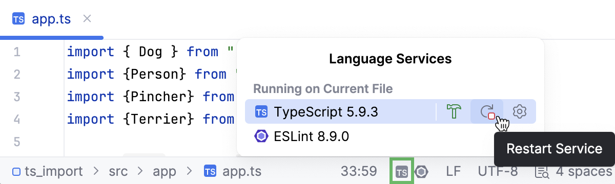 TypeScript widget on the Status bar: restart the TypeScript Language service